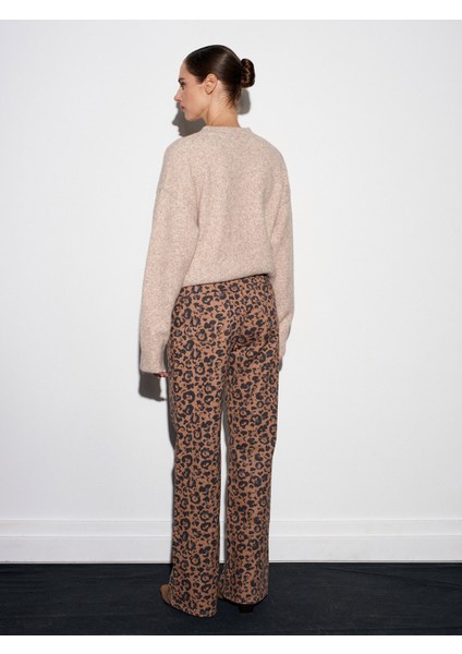 72077 %100 Pamuk Leopar Desenli Wideleg Jean-Camel fiyatları