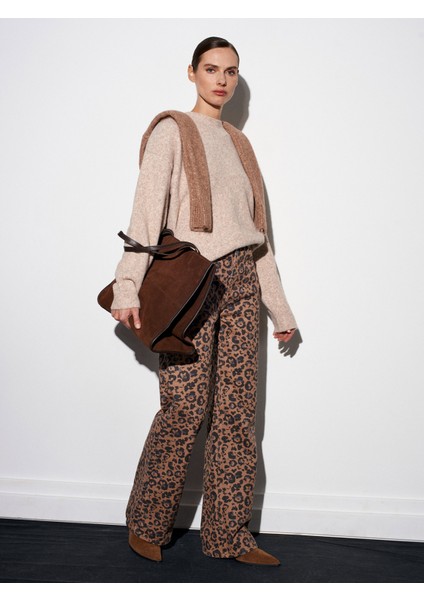 72077 %100 Pamuk Leopar Desenli Wideleg Jean-Camel modelleri