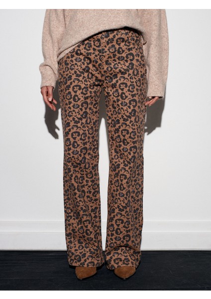 72077 %100 Pamuk Leopar Desenli Wideleg Jean-Camel indirimleri