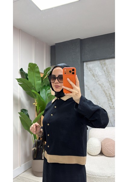 %100 Pamuklu Dokulu Gömlek Etek Takım Siyah