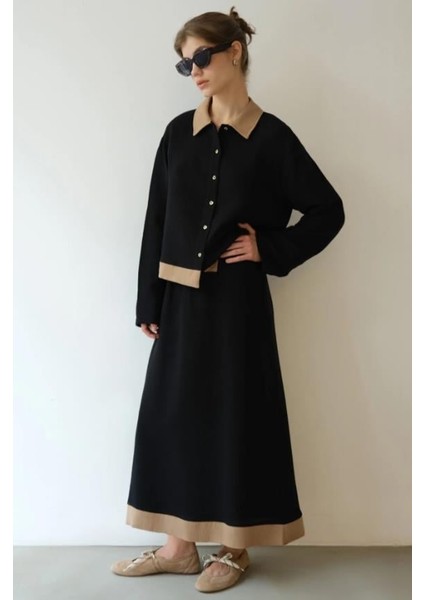 %100 Pamuklu Dokulu Gömlek Etek Takım Siyah modelleri