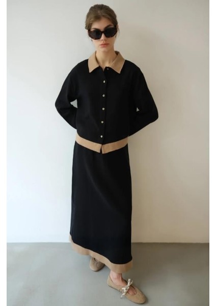 %100 Pamuklu Dokulu Gömlek Etek Takım Siyah fırsatları