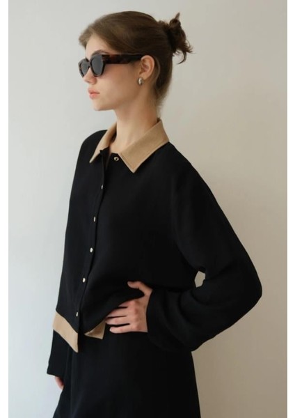 %100 Pamuklu Dokulu Gömlek Etek Takım Siyah indirimleri