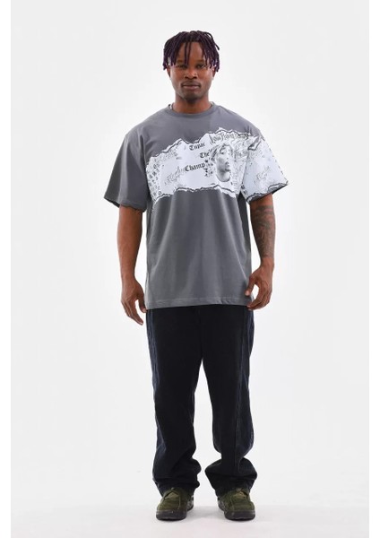 Unisex Bisiklet Yaka Baskılı Oversize T-Shirt - Gri fiyatları