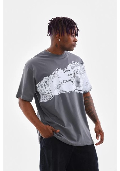 Unisex Bisiklet Yaka Baskılı Oversize T-Shirt - Gri fırsatları