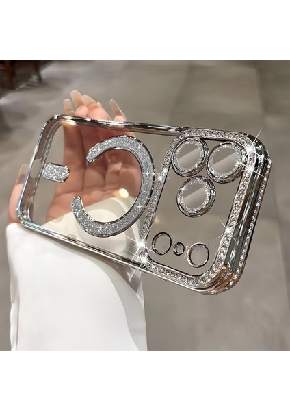 Apple iPhone 17 Pro Max Kılıf Simli Taşlı Lens Korumalı Arkası Şeffaf Kenarı Renkli Parlak Magsafe Kapak