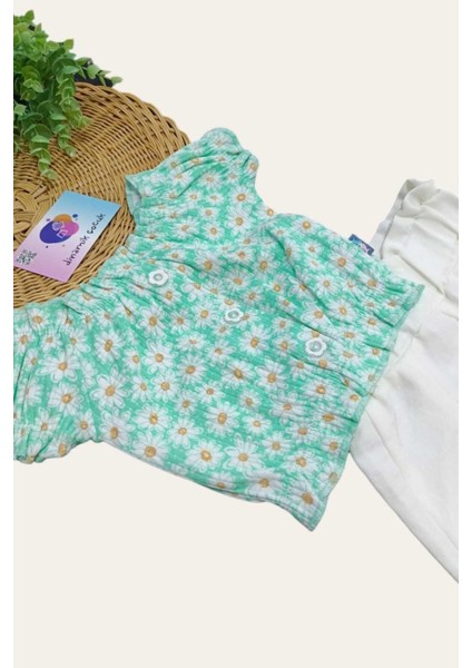 Kız Çocuk Yazlık Interlok Fitilli Kumaş Çiçek Baskılı Keten Şortlu Alt Üst 2li Takım Ince modelleri