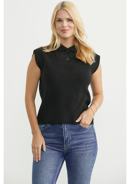 Şal Yaka Yarım Düğmeli Triko Süveter - Siyah