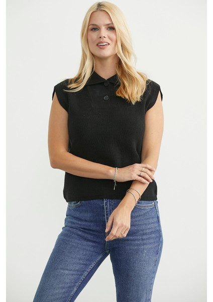 Şal Yaka Yarım Düğmeli Triko Süveter - Siyah modelleri