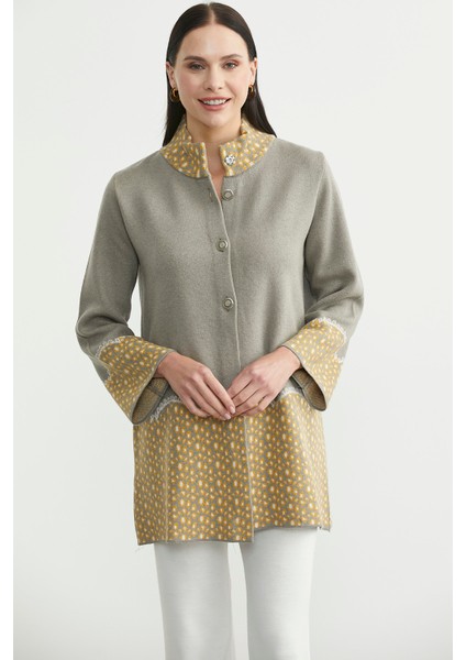 Dik Yaka Düğmeli Uzun Triko Hırka - Vizon