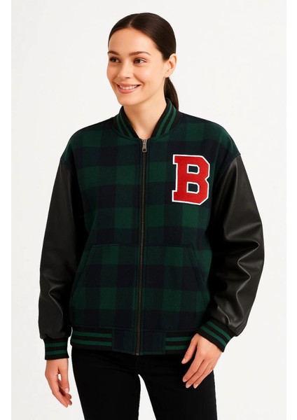 Kadın Siyah Haki Ekose Desenli Kolej Tarzı Bomber Ceket İçi Astarlı Deri Kol Fermuarlı Spor Mont