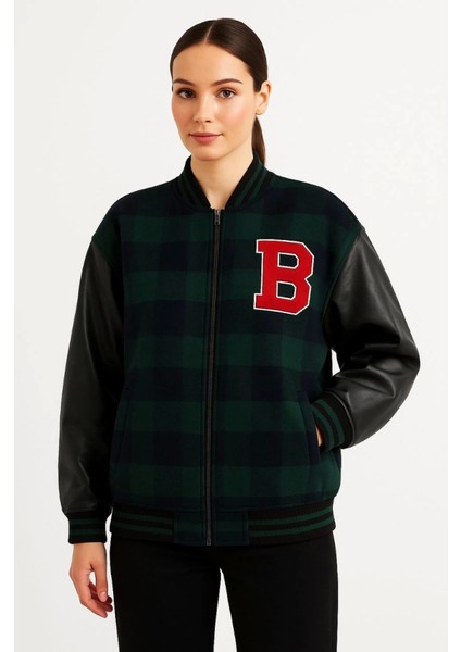 Kadın Siyah Haki Ekose Desenli Kolej Tarzı Bomber Ceket İçi Astarlı Deri Kol Fermuarlı Spor Mont fiyatları