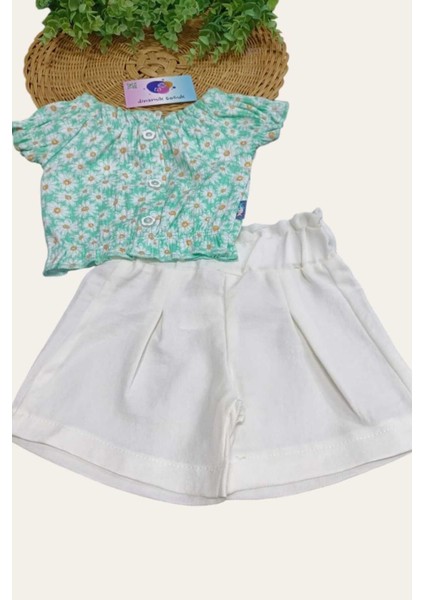 Kız Çocuk Yazlık Interlok Fitilli Kumaş Çiçek Baskılı Keten Şortlu Alt Üst 2li Takım Ince fırsatları