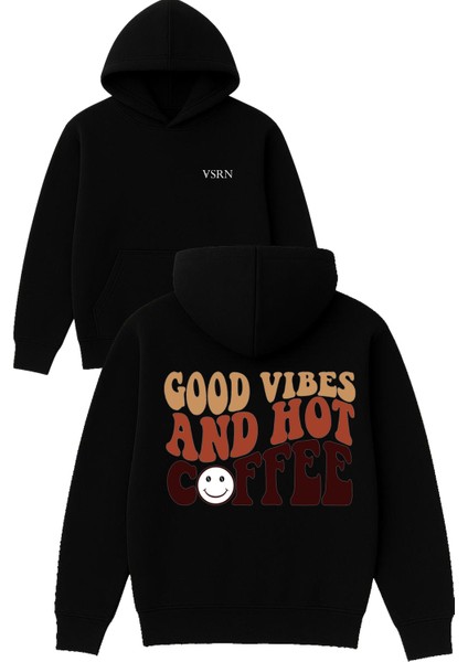 Coffee Good Vıbes Tasarım Baskılı Oversize Siyah Kapüşonlu Sweatshirt