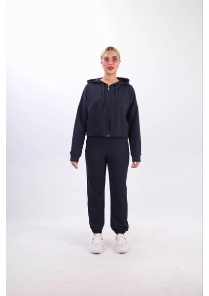 Iki Iplik Kapüşonlu Fermuarlı Crop Oversize Hırka Takım- Lacivert fiyatları