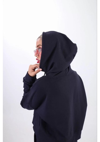 Iki Iplik Kapüşonlu Fermuarlı Crop Oversize Hırka Takım- Lacivert modelleri