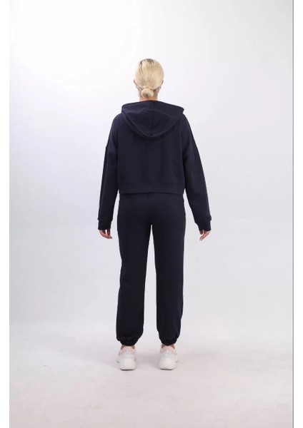 Iki Iplik Kapüşonlu Fermuarlı Crop Oversize Hırka Takım- Lacivert fırsatları
