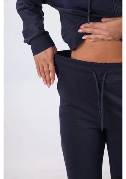 Iki Iplik Kapüşonlu Fermuarlı Crop Oversize Hırka Takım- Lacivert indirimleri