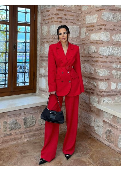 Kadın Gül Kemer Detaylı Palazzo Takım Elbise