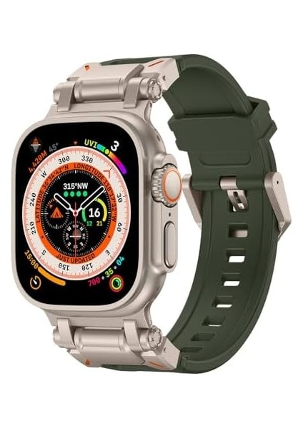 Ile Uyumlu Ultra 49MM KRD-101 Titanyum Metal Başlıklı Silikon Kordon Yeşil-Titanyum fiyatları