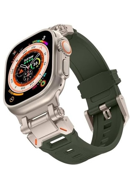 Ile Uyumlu Ultra 49MM KRD-101 Titanyum Metal Başlıklı Silikon Kordon Yeşil-Titanyum modelleri