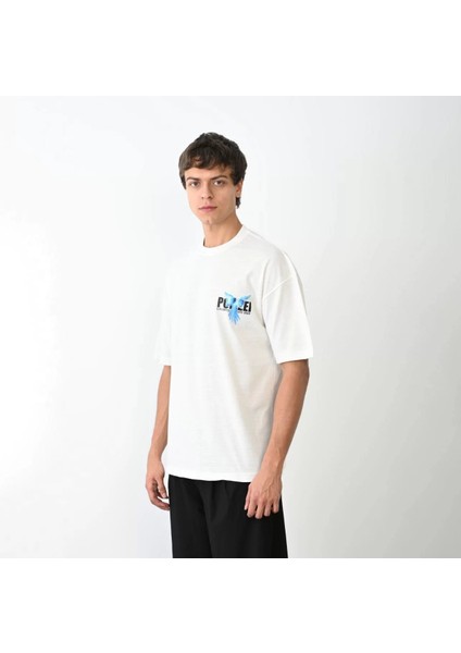 Unisex Bisiklet Yaka Baskılı Oversize T-Shirt - Beyaz modelleri