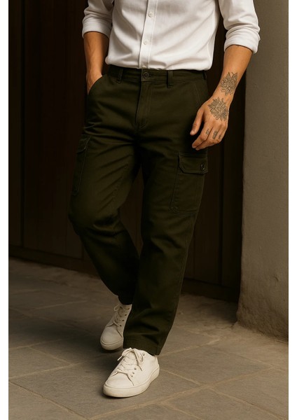 Erkek Trend Bol Paça Yüksek Bel Haki Kargo Pantolon