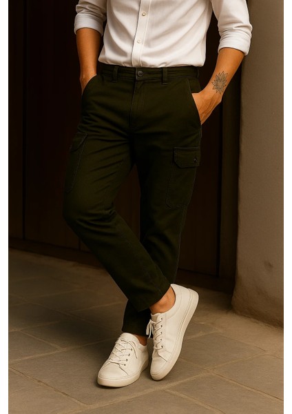 Erkek Trend Bol Paça Yüksek Bel Haki Kargo Pantolon modelleri