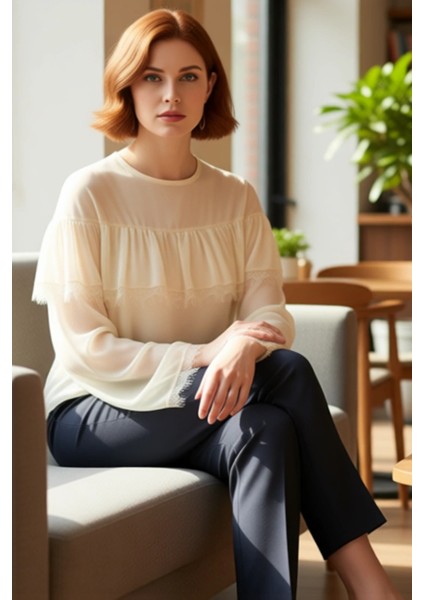 Kadınlar Için Zarif Şifon Bluz Dantel Detaylı Bisiklet Yaka Büyük Beden Seçenekleri Kaliteli