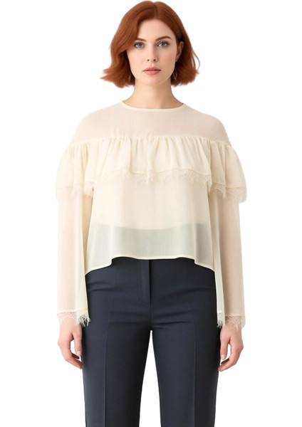 Kadınlar Için Zarif Şifon Bluz Dantel Detaylı Bisiklet Yaka Büyük Beden Seçenekleri Kaliteli fiyatları