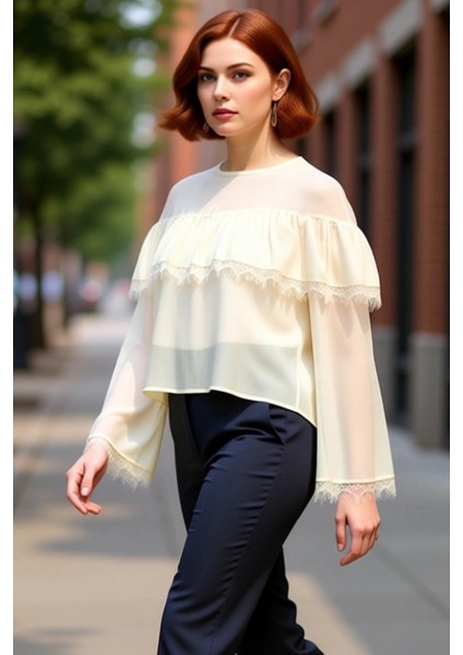 Kadınlar Için Zarif Şifon Bluz Dantel Detaylı Bisiklet Yaka Büyük Beden Seçenekleri Kaliteli fırsatları