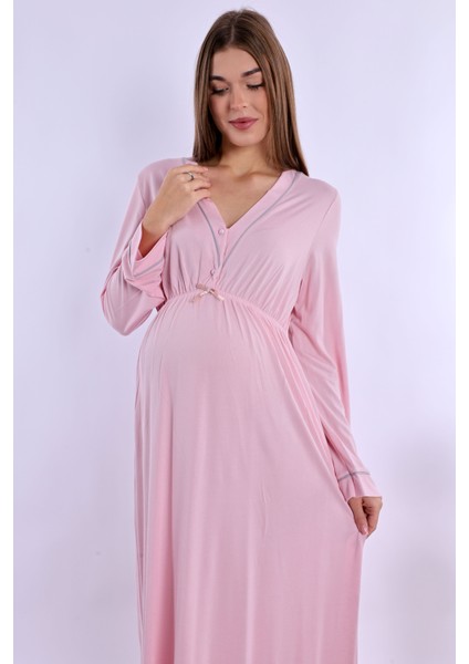Pembe Sabahlıklı Hamile Lohusa Gecelik Takım