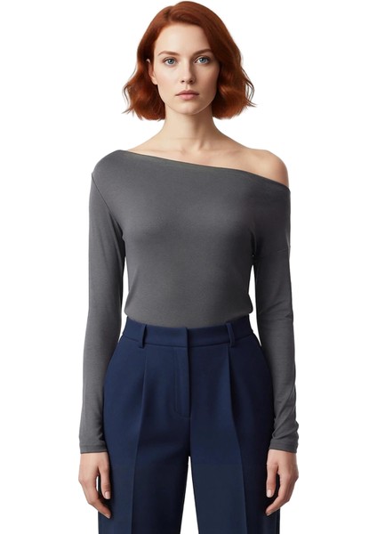 Moda Kayık Yaka Örme Slim Çizgili Desen Casual Günlük Regular Uzun Kol Bluz