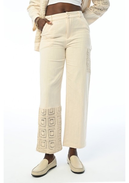 Kadın Paçası Dantel Detaylı Natur Renk Pamuk Pantolon