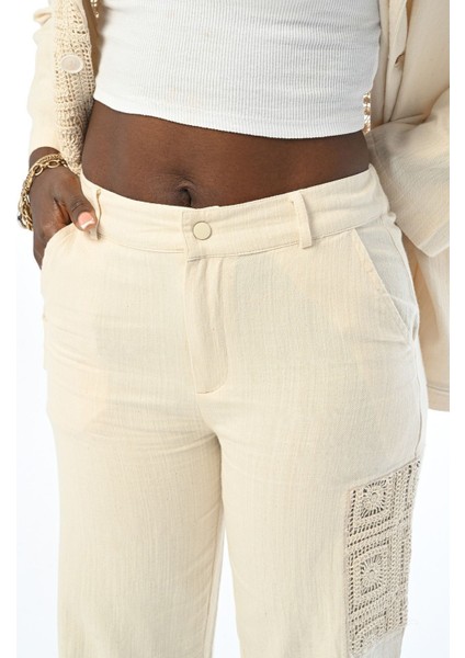 Kadın Paçası Dantel Detaylı Natur Renk Pamuk Pantolon fiyatları