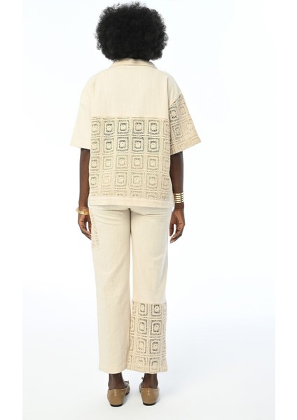 Kadın Paçası Dantel Detaylı Natur Renk Pamuk Pantolon fırsatları