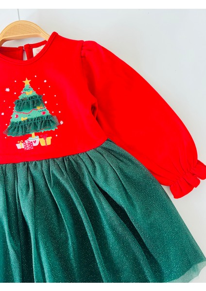 Kız Çocuk Astarlı Tül Etekli Balon Kol Noel Yılbaşı Temalı Kırmızı Elbise fiyatları