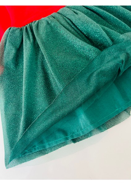 Kız Çocuk Astarlı Tül Etekli Balon Kol Noel Yılbaşı Temalı Kırmızı Elbise modelleri