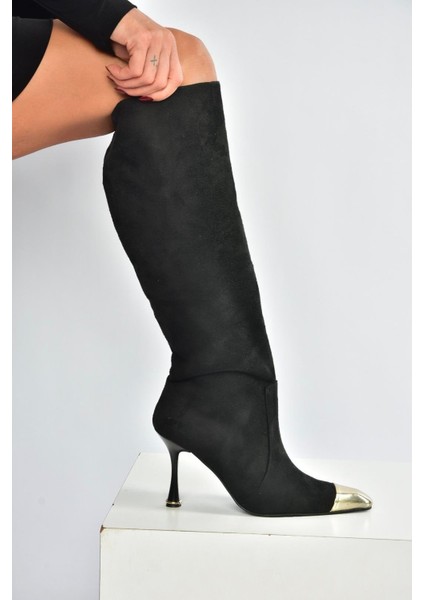 V752574102 Siyah Süet Ince Topuklu Kadın Çizme fiyatları