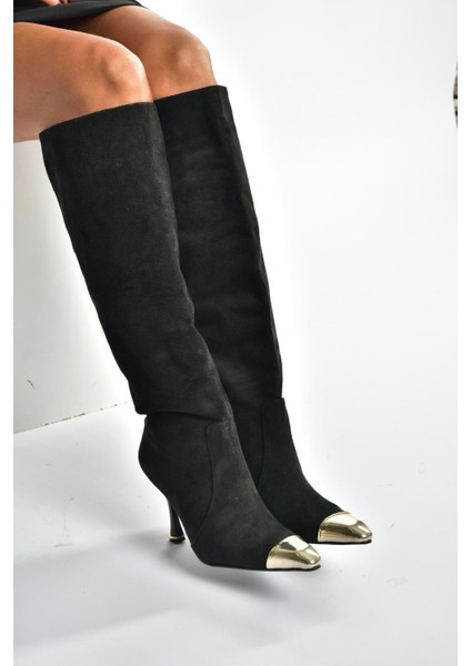 V752574102 Siyah Süet Ince Topuklu Kadın Çizme fırsatları