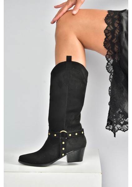 V820320302 Siyah Süet Kalın Topuklu Kadın Çizme