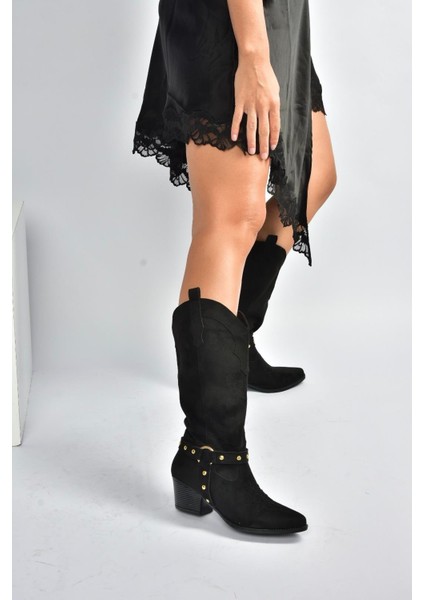 V820320302 Siyah Süet Kalın Topuklu Kadın Çizme fiyatları