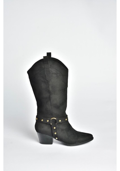 V820320302 Siyah Süet Kalın Topuklu Kadın Çizme