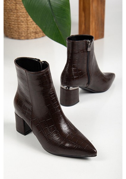 Meça Premium Kroko Desen Kahverengi Topuklu Bot