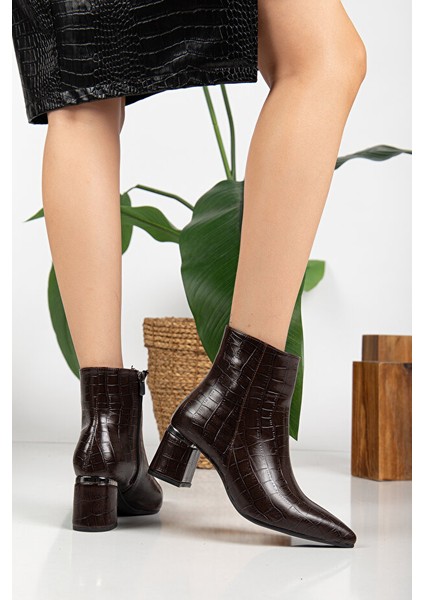 Meça Premium Kroko Desen Kahverengi Topuklu Bot fiyatları