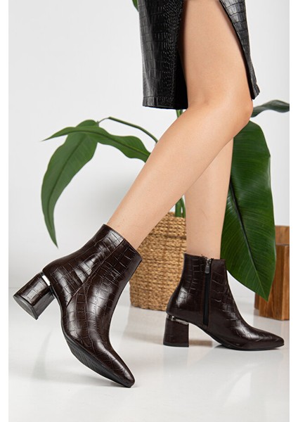 Meça Premium Kroko Desen Kahverengi Topuklu Bot modelleri