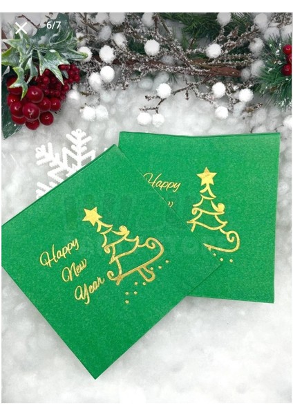 Yaldızlı Yılbaşı Peçete Happy New Year Çam Ağacı Parlak Baskılıyeşil Renk 16 Adet 16X16 cm