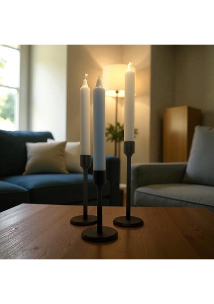 3’lü Modern Plastik Şamdan Mumluk Seti – Siyah – 7 cm Tabanlı – 12/15/18 cm Yükseklik – 2,2 cm Mum Uyumlu
