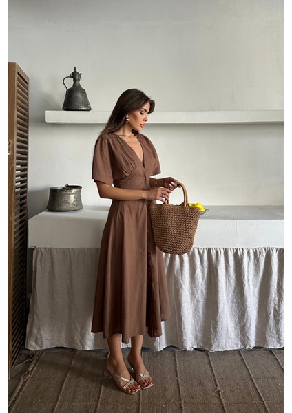 Keten V Yaka Önden Düğmeli Elbise - Kahverengi