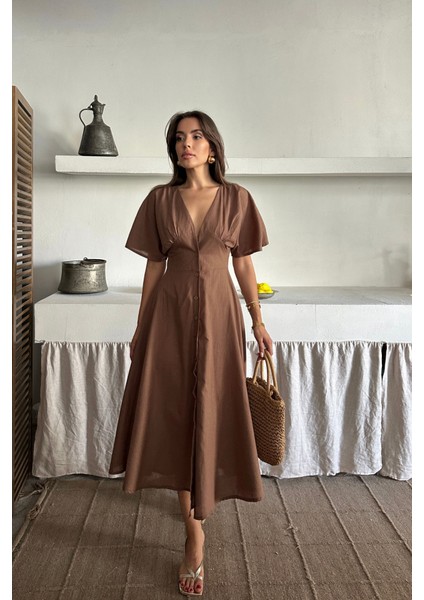 Keten V Yaka Önden Düğmeli Elbise - Kahverengi fiyatları